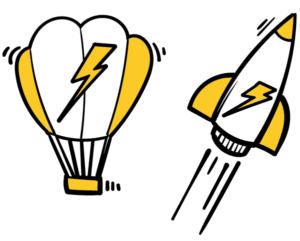 Icons of a balloon and rocket with lightweight bolt logo
