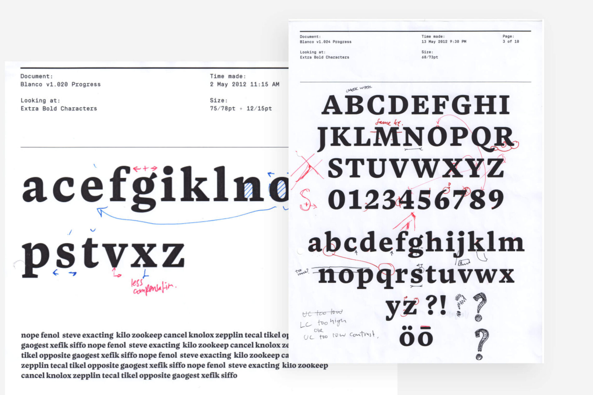 Kerning marks on the typeface Blanco