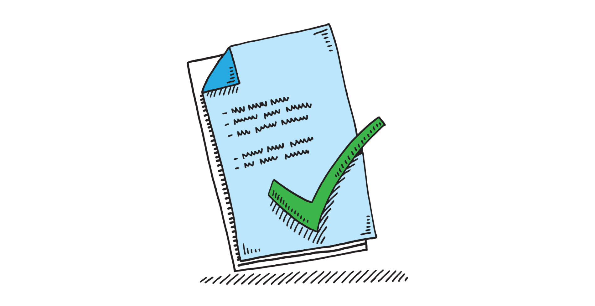 Illustration of a written page with a large green tick