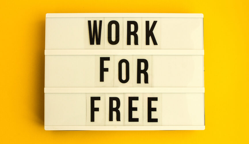 A lightbox shows the words ‘Work for free’