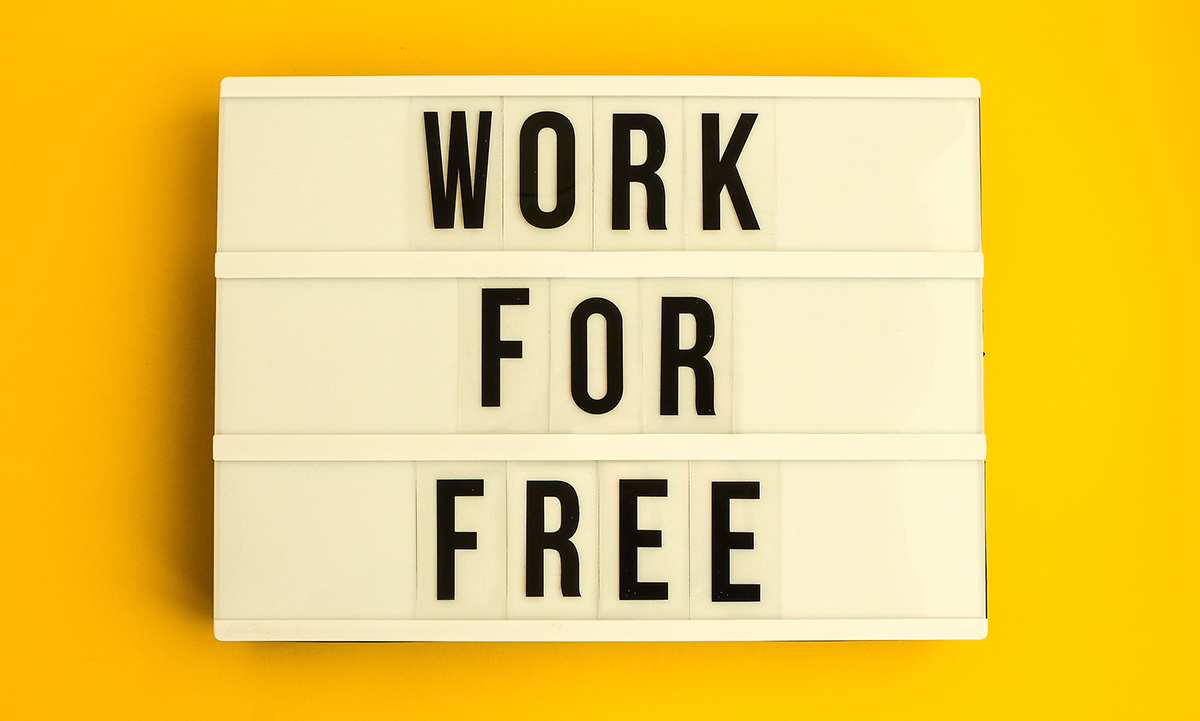 A lightbox shows the words ‘Work for free’