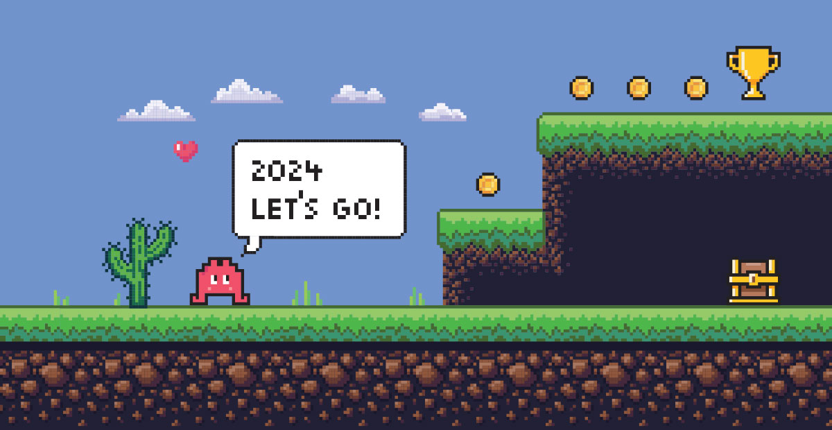 Pixelated background with a small red avatar. A speech bubble says ‘2024 Let’s Go!’