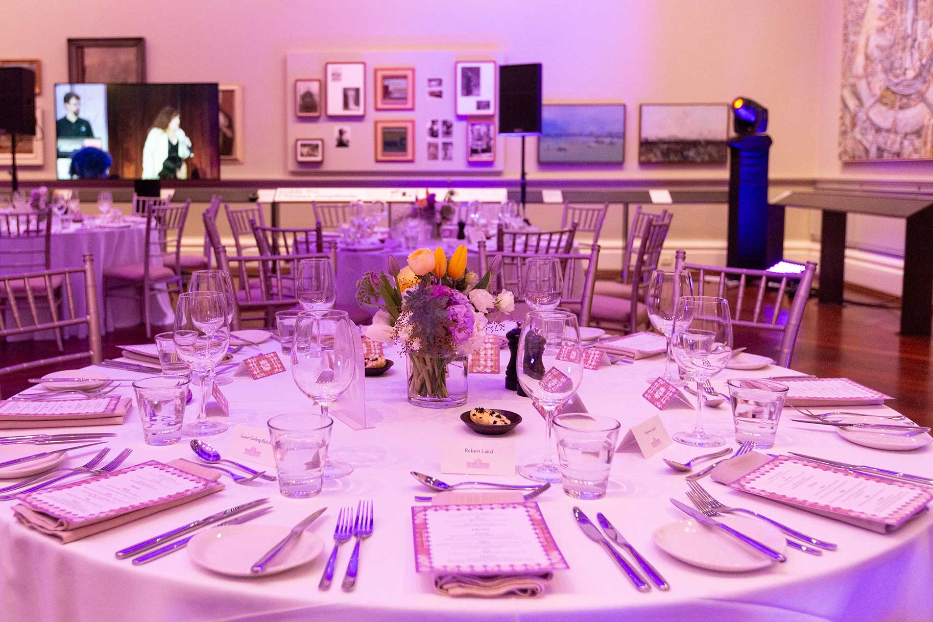 Redmond Barry Society event at State Library Victoria - dinner setting showing menus, donation card and place names on the table