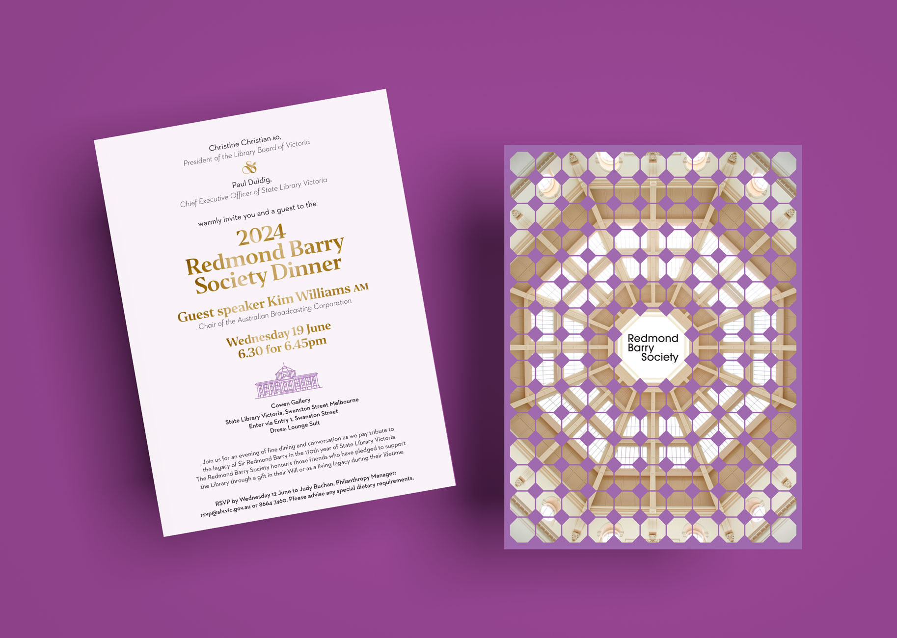 Redmond Barry Society invitation photographed from above on a purple background. Front and back of the invitation are both shown. Some of the text is in gold foil.
