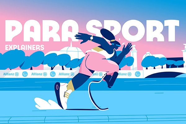 Dynamic illustration of a Paralympian running. A pink and blue colour palette. White text in capitol letters reads PARA SPORTS EXPLAINERS