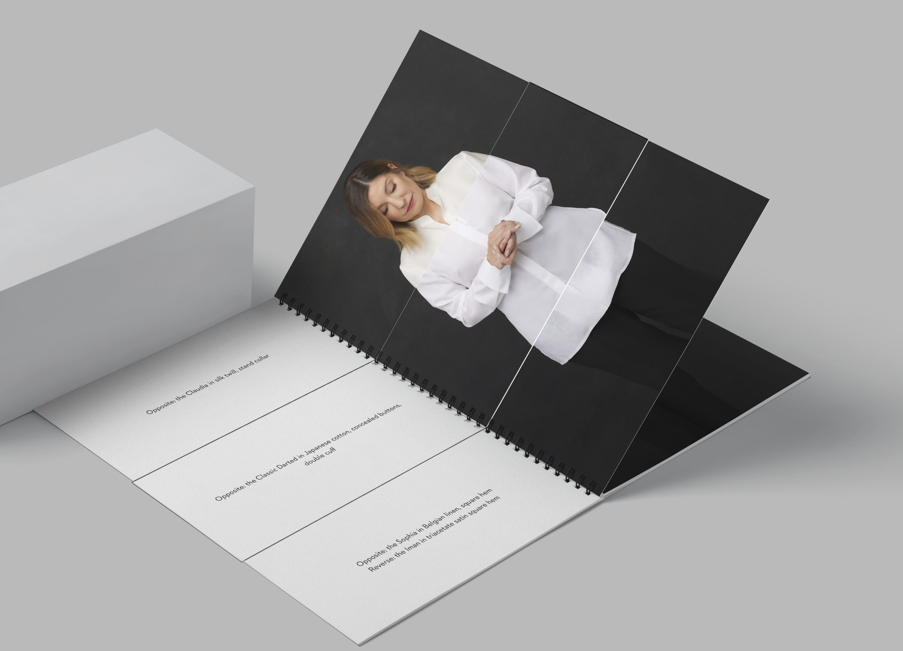 Julie Goodwin Couture White Label flip book showing Julie in the Claudia shirt