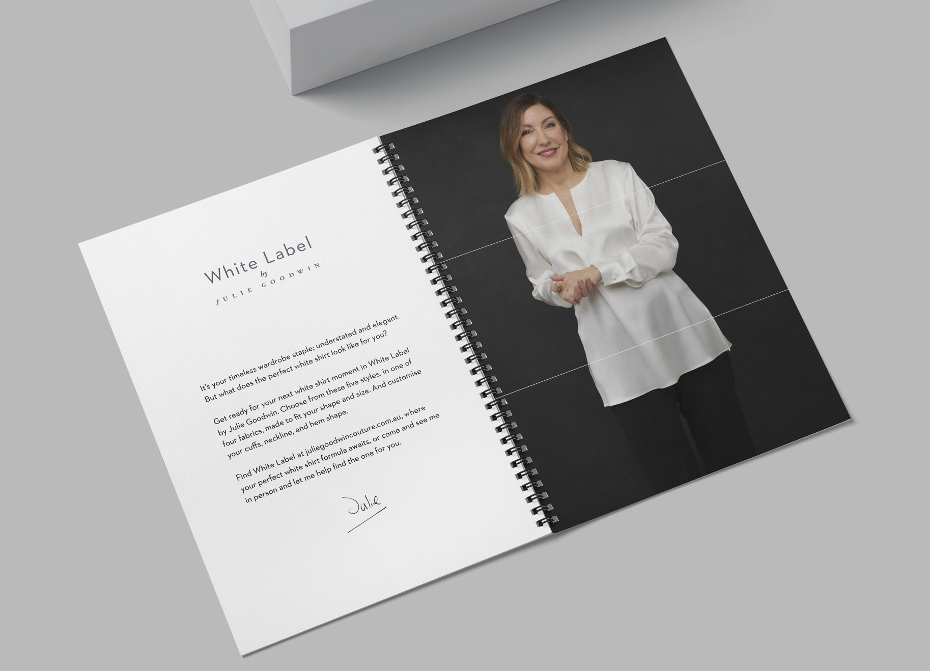 Julie Goodwin Couture White Label flip book showing Julie in the Iman shirt