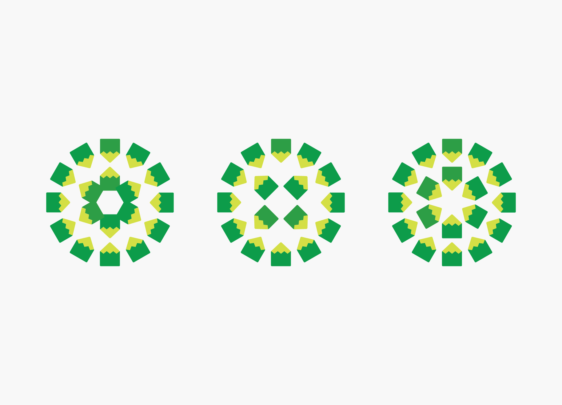 Three circular patterns made from the SETO identity