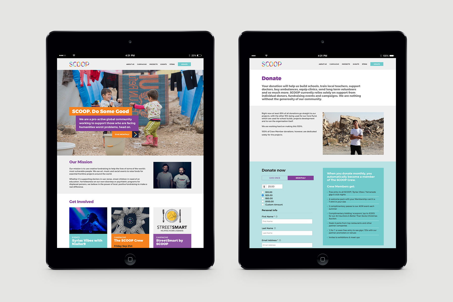 Homepage and SCOOP Crew pages on the SCOOP Foundation website