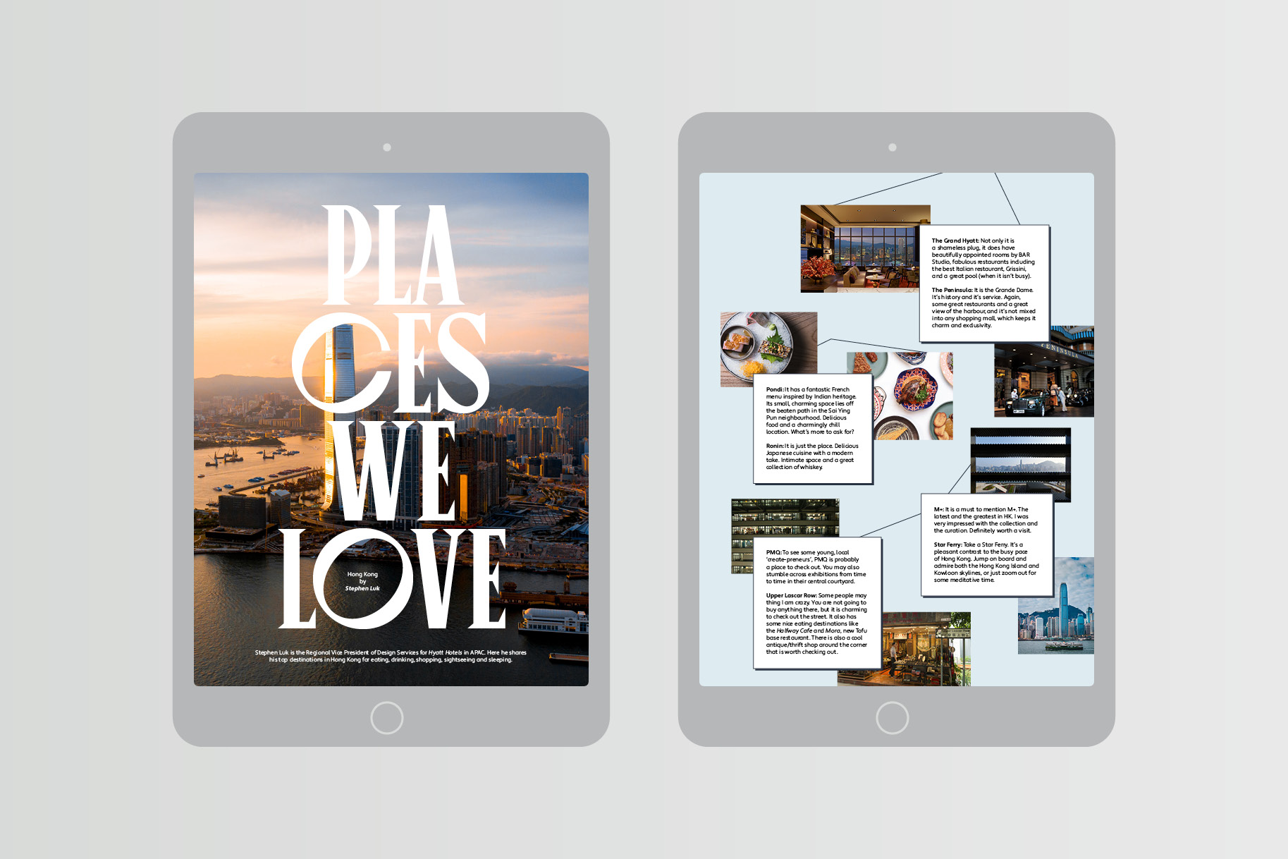 2 tablet screens featuring a vibrant backdrop of Hong Kong. Text reads Places we love