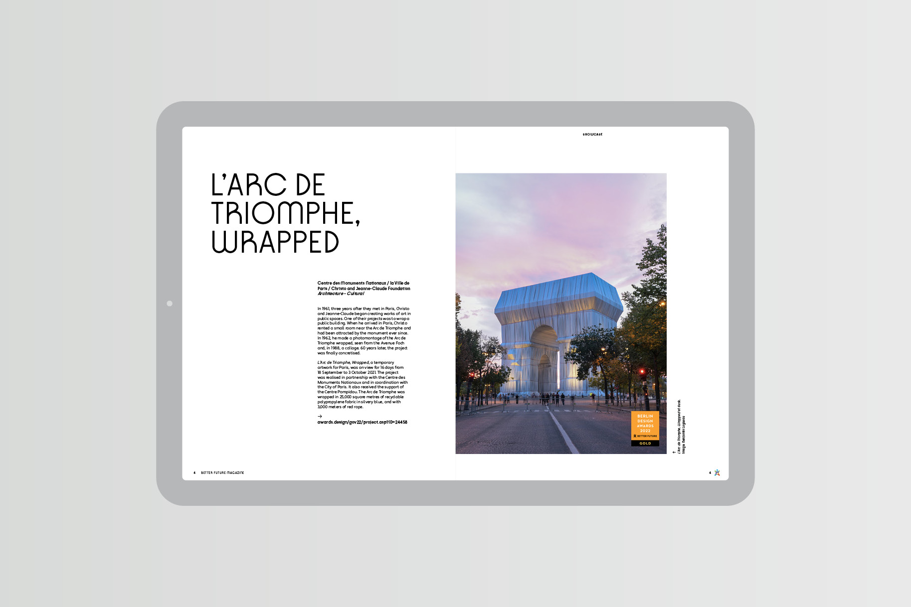 A tablet shows an image of the l’Arc de Triomphe. Text reads L’Arc de Triomphe Unwrapped