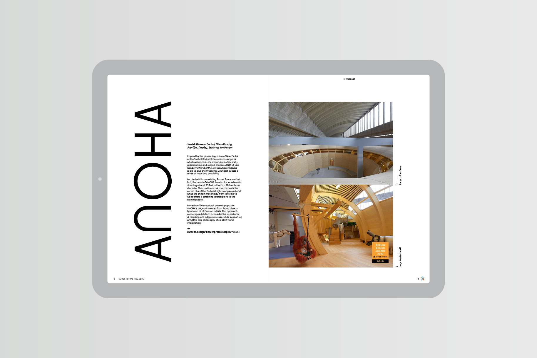 Magazine spread with images of the Jewish Museum Berlin. Large text reads ANOHA
