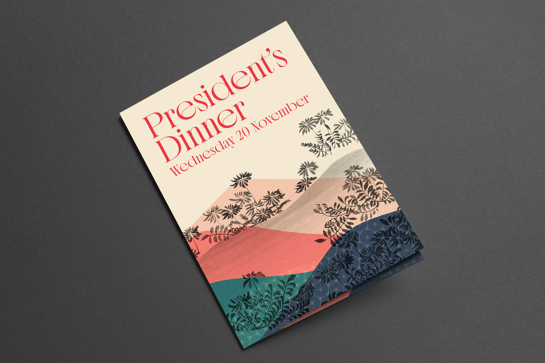 Front cover of an A5 invitation, featuring Japanese vintage patterns over a modern graphic image. Text reads President’s Dinner Wednesday 20 November.