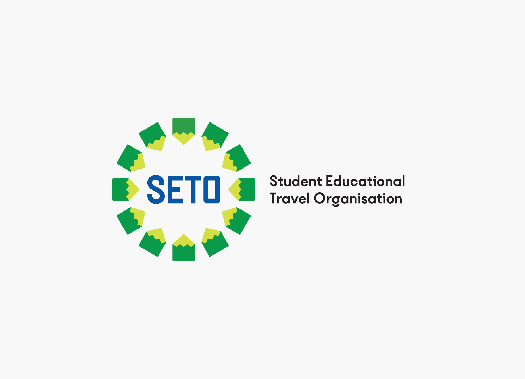 SETO logo - the letters SETO in blue are circled by a chartreuse and green pattern of pencil-shaped icons. Black text beside the logo reads ‘Student Educational Travel Organisation’