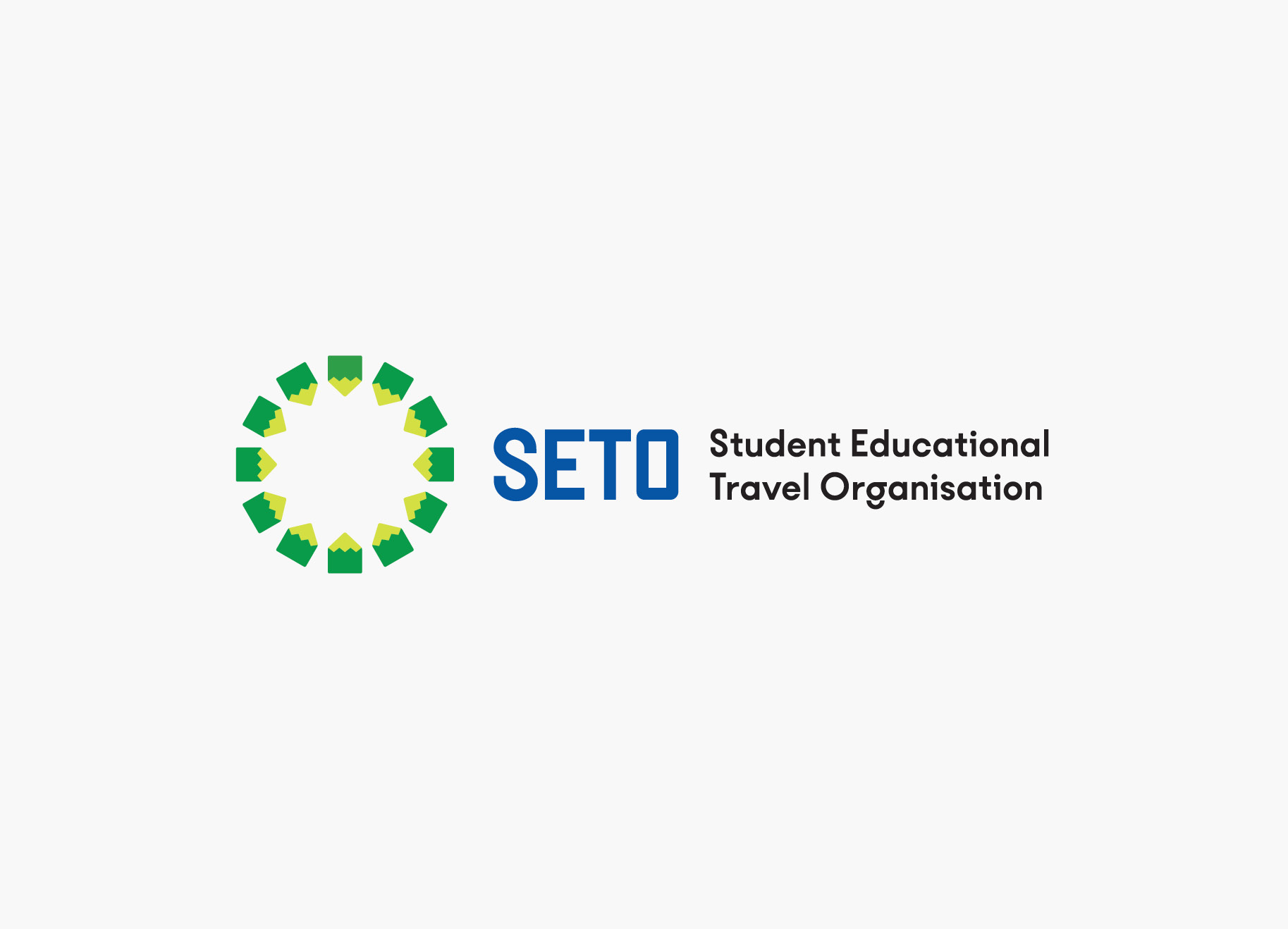 A chartreuse and green pattern of pencil-shaped icons appears on the left. On the right is the letters SETO in blue, followed by black text that reads ‘Student Educational Travel Organisation’