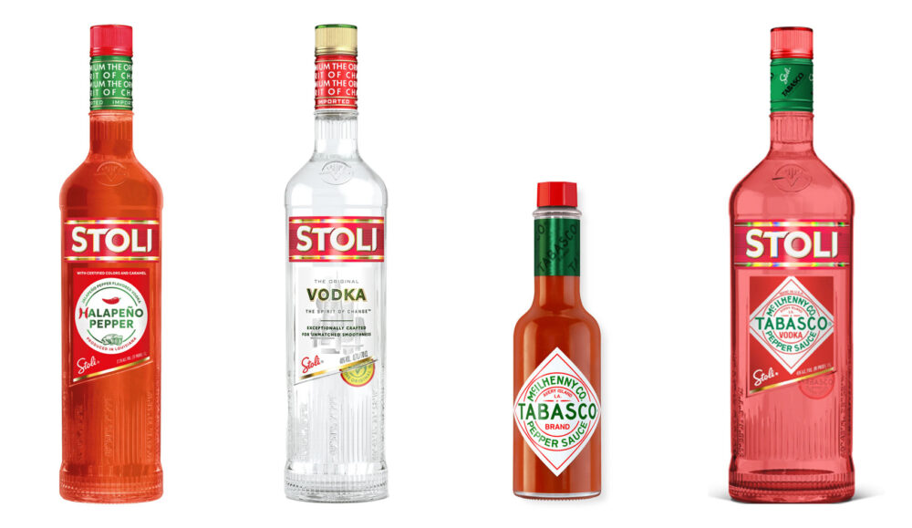 Halapeno Vodka from Stoli, standard Stoli bottle, Tabasco sauce bottle, mockup of a collaboration between Tabasco and Stoli