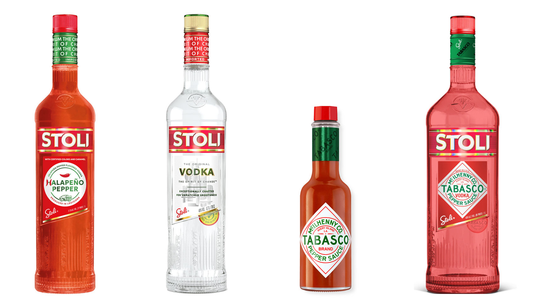 Halapeno Vodka from Stoli, standard Stoli bottle, Tabasco sauce bottle, mockup of a collaboration between Tabasco and Stoli