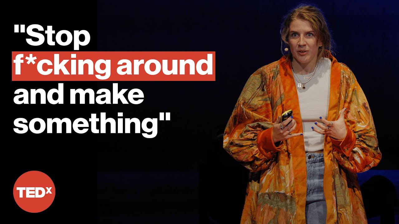 A woman stands against a black background. Text overlaid reads : Stop f*cking around and make something.