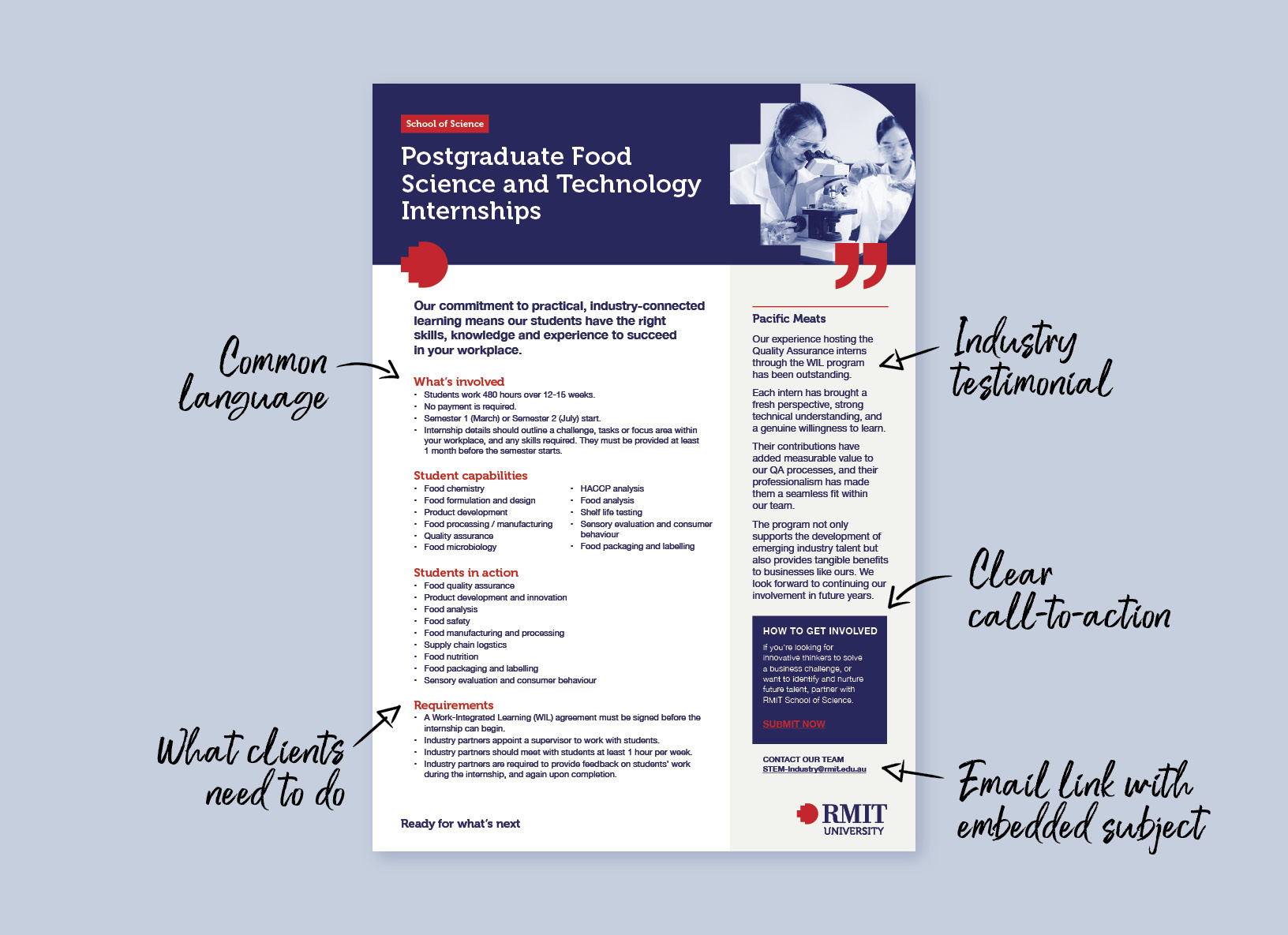A document on a blue background with comments pointing to different sections